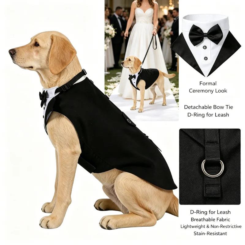 A golden retriever wearing a black tuxedo vest and bowtie collar with a D-ring for leash.