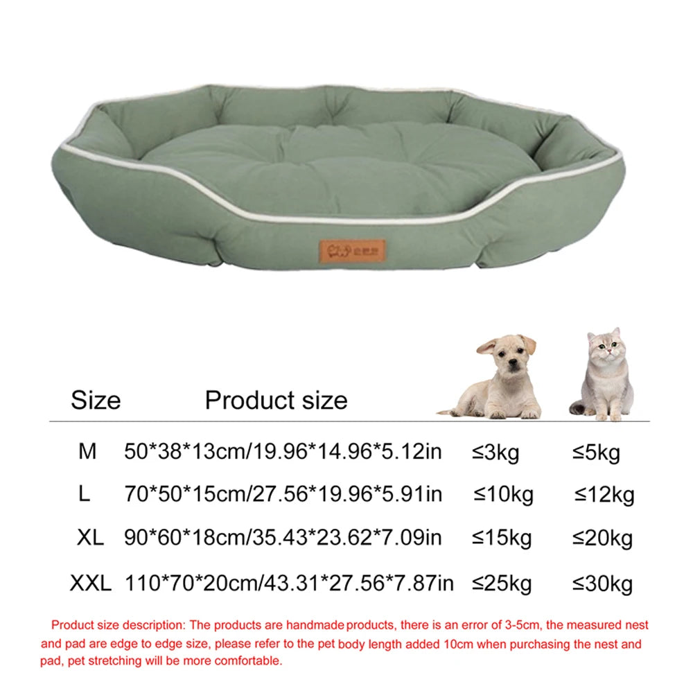 A light green orthopedic dog bed with a removable cover shown from above.