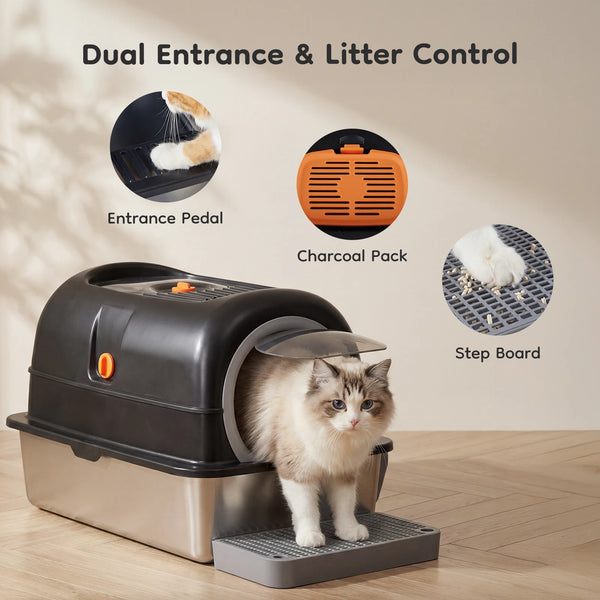 A stainless steel enclosed cat litter box with an entrance pedal, charcoal pack, and step board.