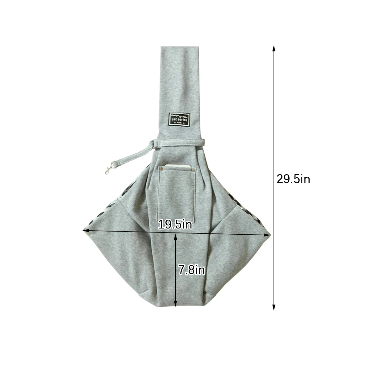 A light gray pet carrier sling bag for dogs and cats shown flat with dimensions 19.5in wide and 7.8in deep.