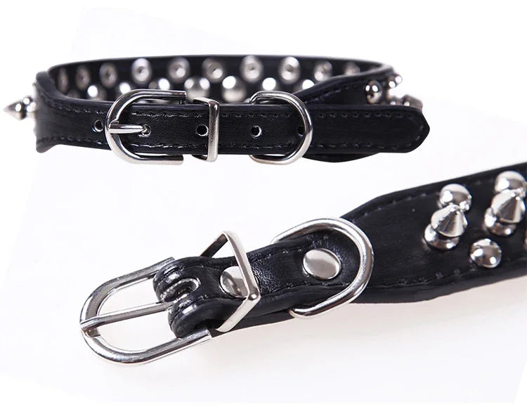 Black leather spiked dog collar with silver buckle closure.