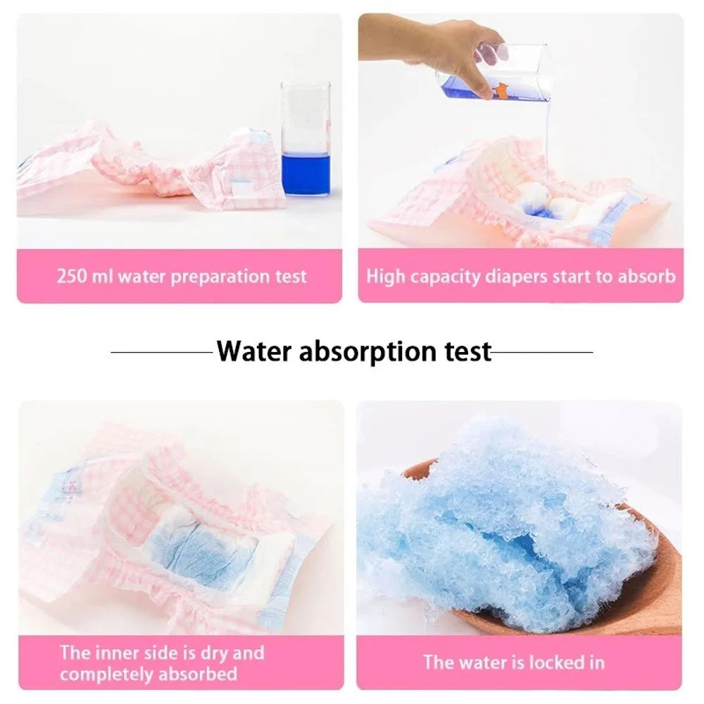 Démonstration du test d'absorption d'eau pour couches jetables pour animaux, montrant le produit qui absorbe le liquide.