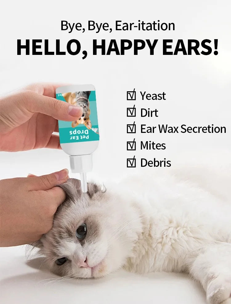 Un chat est nettoyé avec un dispositif de gouttes pour l'oreille, démontrant l'élimination des problèmes d'oreille.