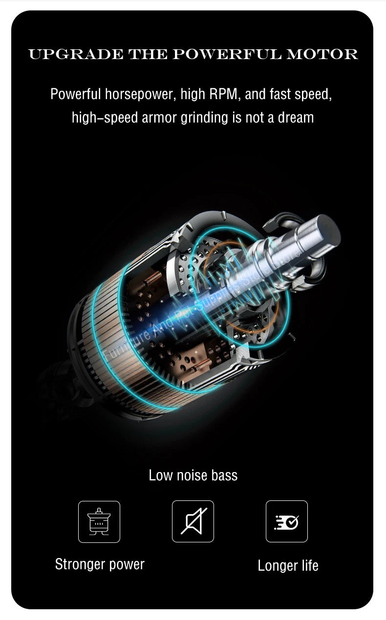 Close-up view of a powerful electric dog nail grinder with a metallic finish and blue glowing accents.