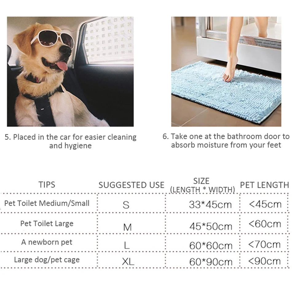 A comparison chart showing sizes and lengths for disposable absorbent dog diapers, including pet toilets and cages.