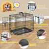 A black foldable metal pet crate shown with various features including a carry handle, safe rounded corners, tray fastener, a