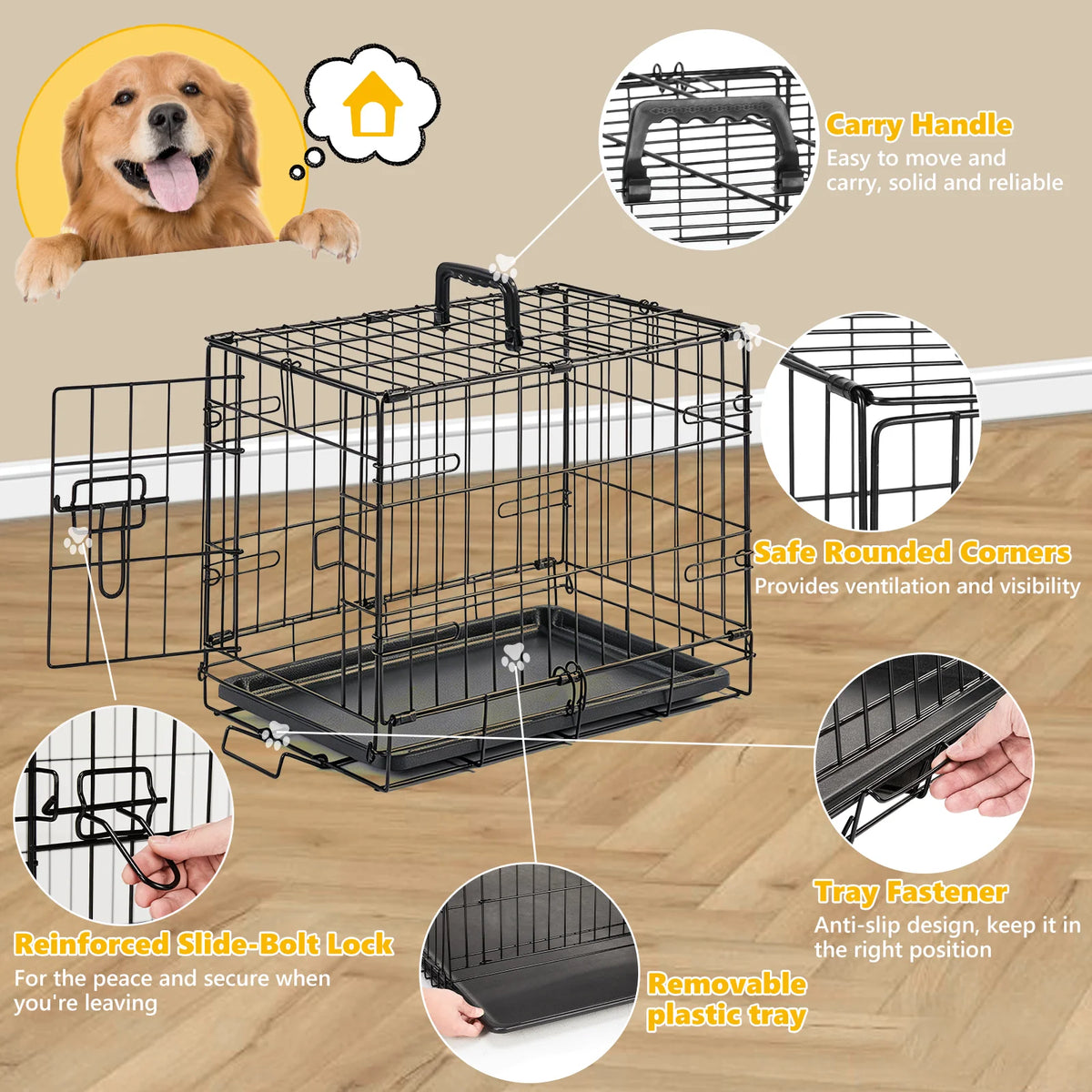 A black foldable metal pet crate shown with various features including a carry handle, safe rounded corners, tray fastener, a