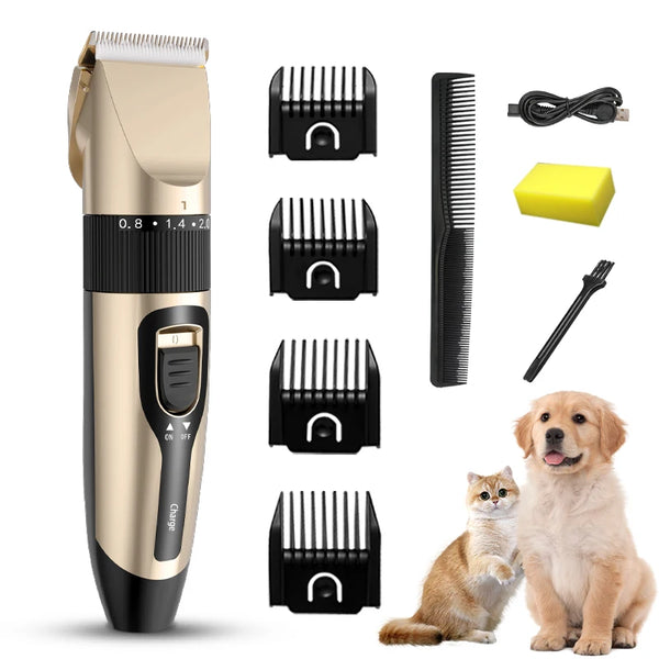 A beige cordless pet grooming clipper with various attachments and a golden retriever and a kitten.