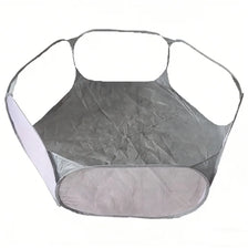 A foldable transparent pet playpen for small animals with a mesh enclosure and a solid base.