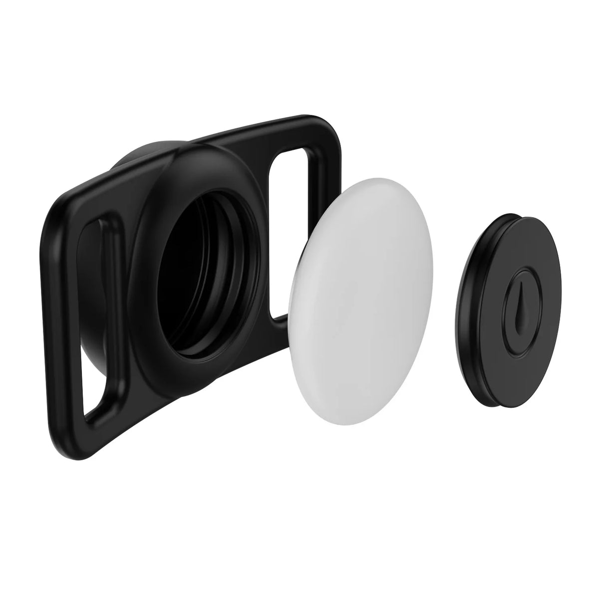 Black silicone airtag holder with a white circular piece and a black button.