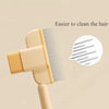 A beige stainless steel pet hair remover brush is shown next to a diagram illustrating how to easily clean the hair.