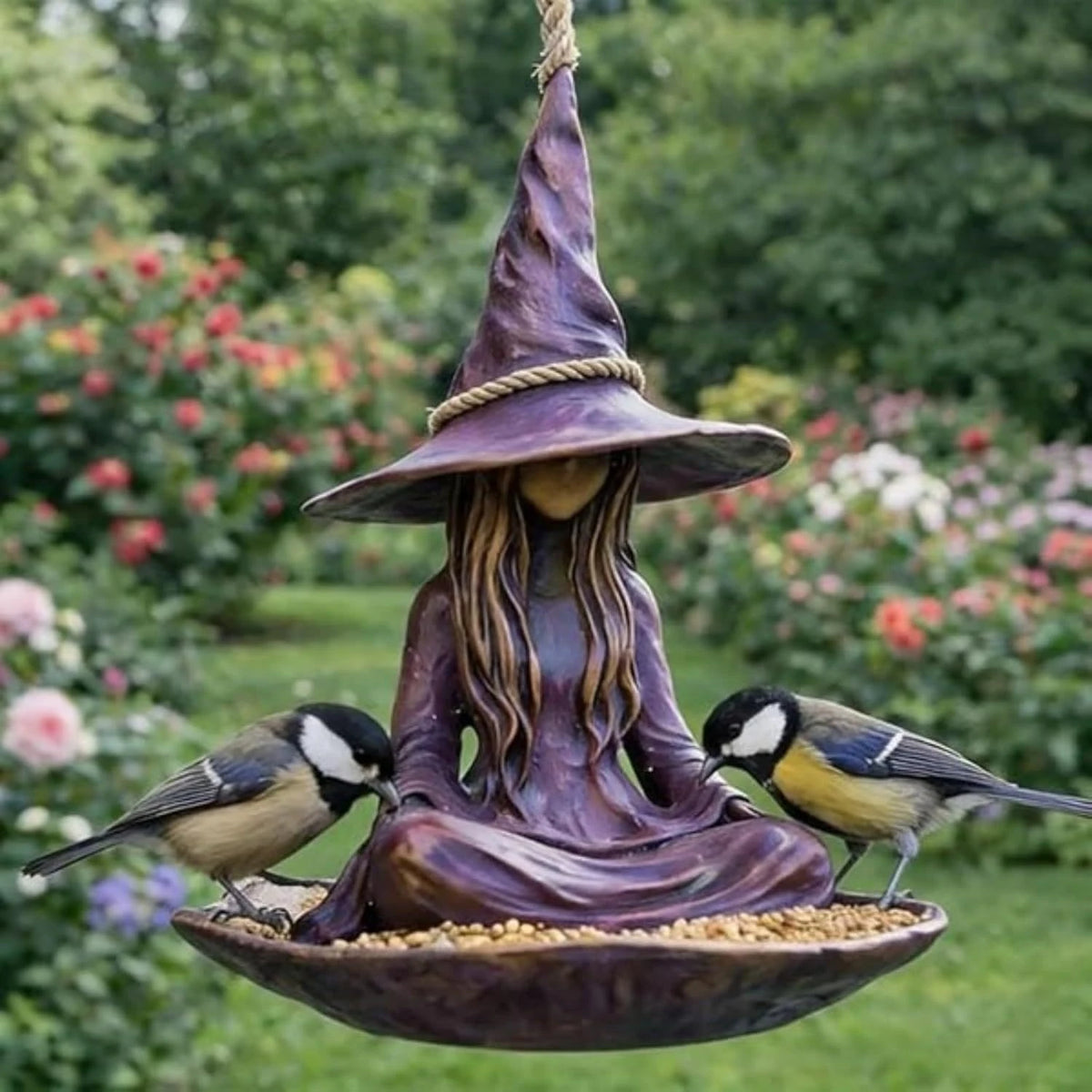 A dark purple resin witch hat sculpture with long hair sits on a shallow bowl, surrounded by small birds in an outdoor garden