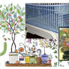 A plant illustration featuring a cactus, various potted plants, and a large metal bird cage structure.