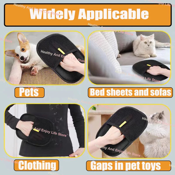 Double-sided pet grooming gloves shown being used on a dog and a cat for hair removal and cleaning.