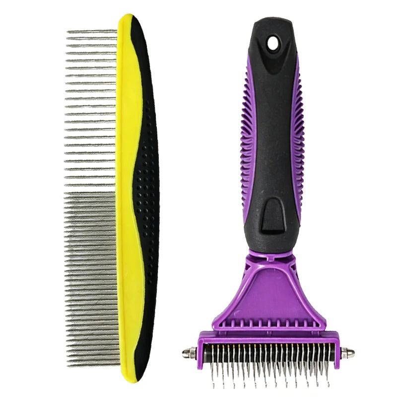 A black and yellow 2-in-1 pet detangler comb and grooming brush with metal teeth.