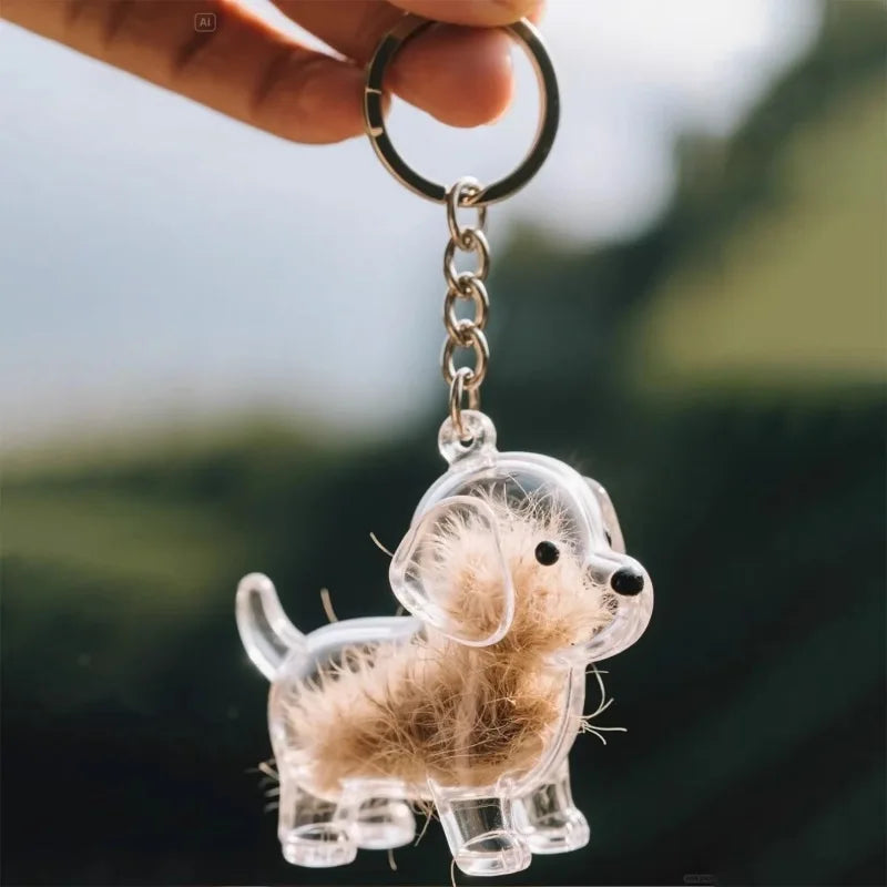 Un porte-clés en résine clair en forme de petit chien duveteux tenu par une main contre un arrière-plan extérieur flou.
