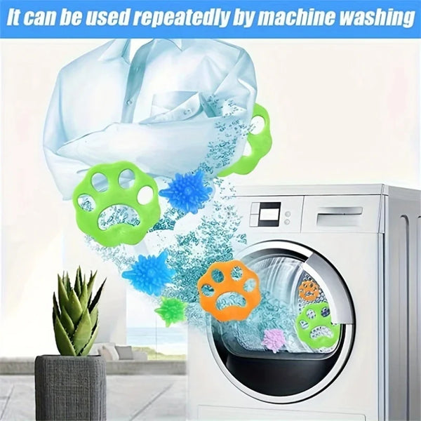Reusable pet hair and lint remover tools with green and orange silicone teeth shown in a washing machine context.