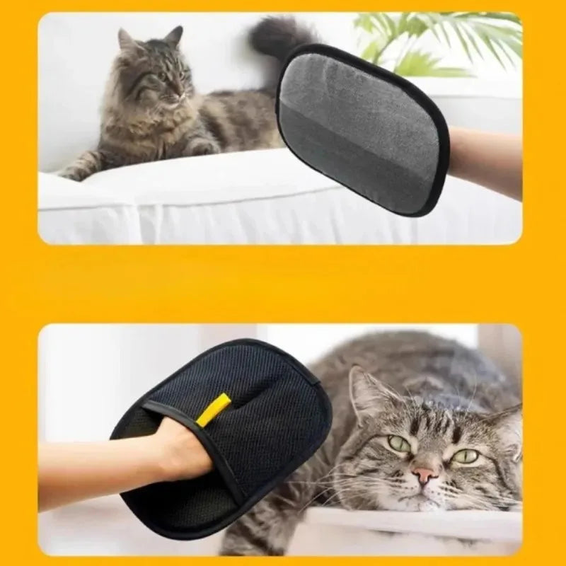 A cat is being groomed with a black double-sided pet grooming glove.