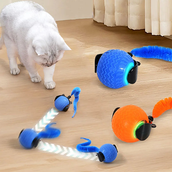 Three colorful interactive cat toys with LED lights and rotating features are shown on a wooden floor.