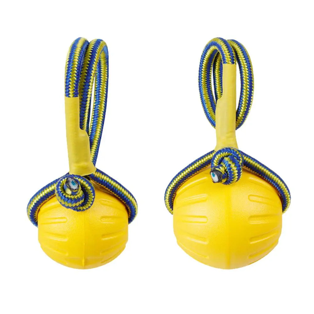 A yellow rubber fetch ball for dogs with blue braided rope handles.