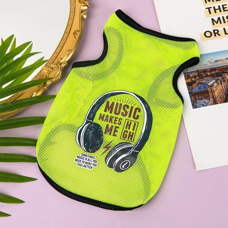 Neon yellow breathable mesh pet vest with a black headphone graphic print