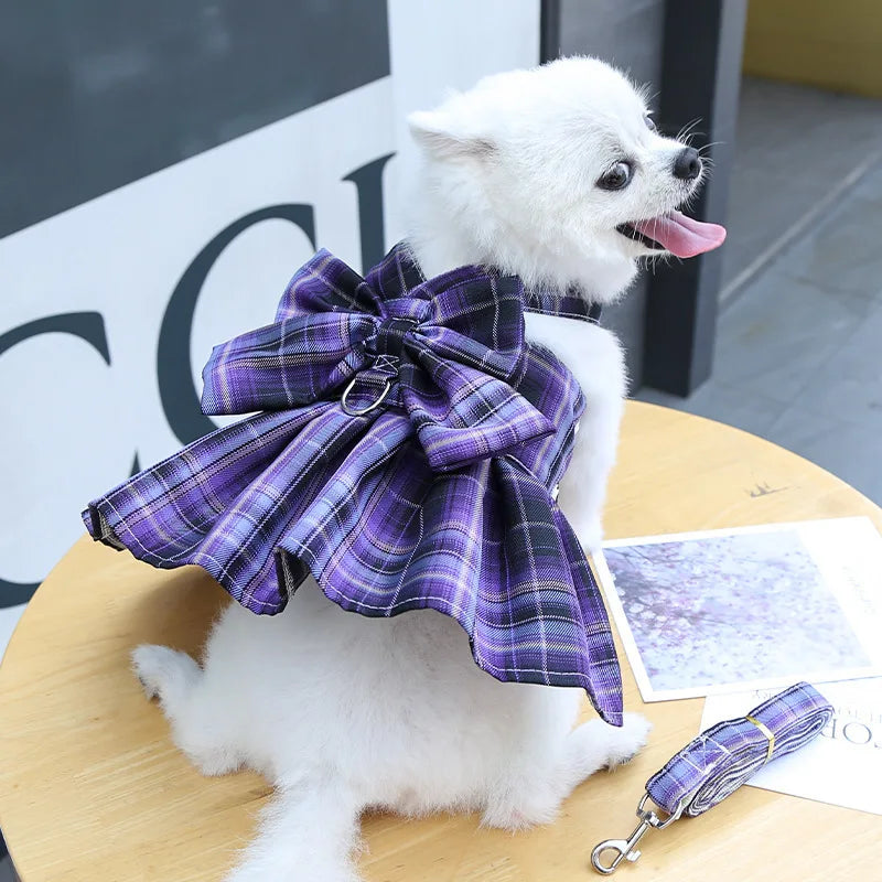 A white dog wearing a purple plaid dress-up harness and clothes, sitting on a wooden surface.