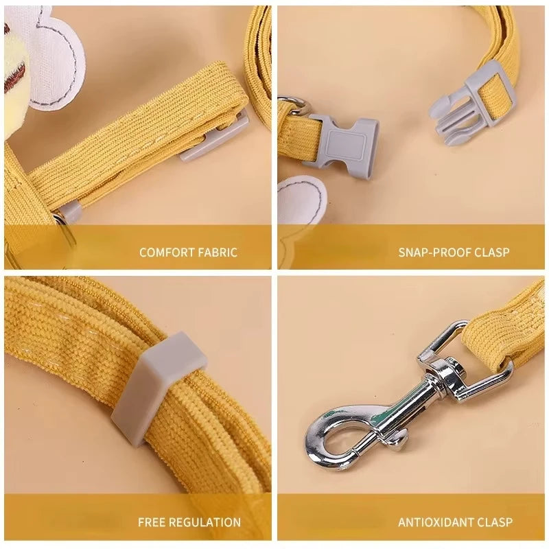 Set de collar y correa ajustable para mascota amarillo, mostrando componentes como tela de confort, hebilla a prueba de manip