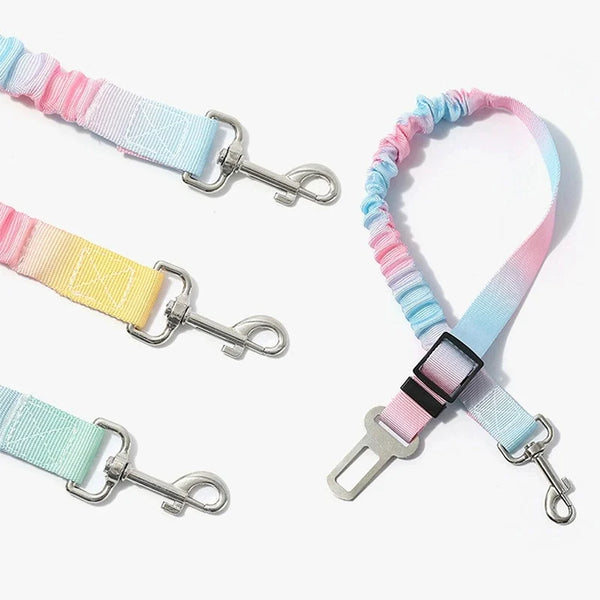 Colorful adjustable traction rope safety harness for dogs shown in various colors and angles