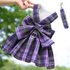 Purple plaid dog dress-up harness with matching fabric and clip