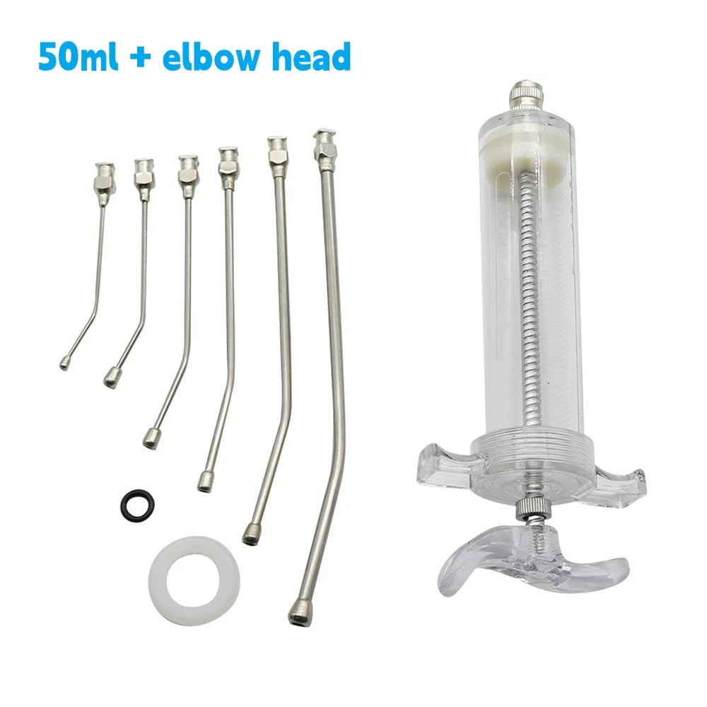 Stainless steel bird feeding syringe with an elbow head and various components