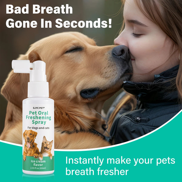 A woman is spraying a pet oral freshening spray on a dog's nose.