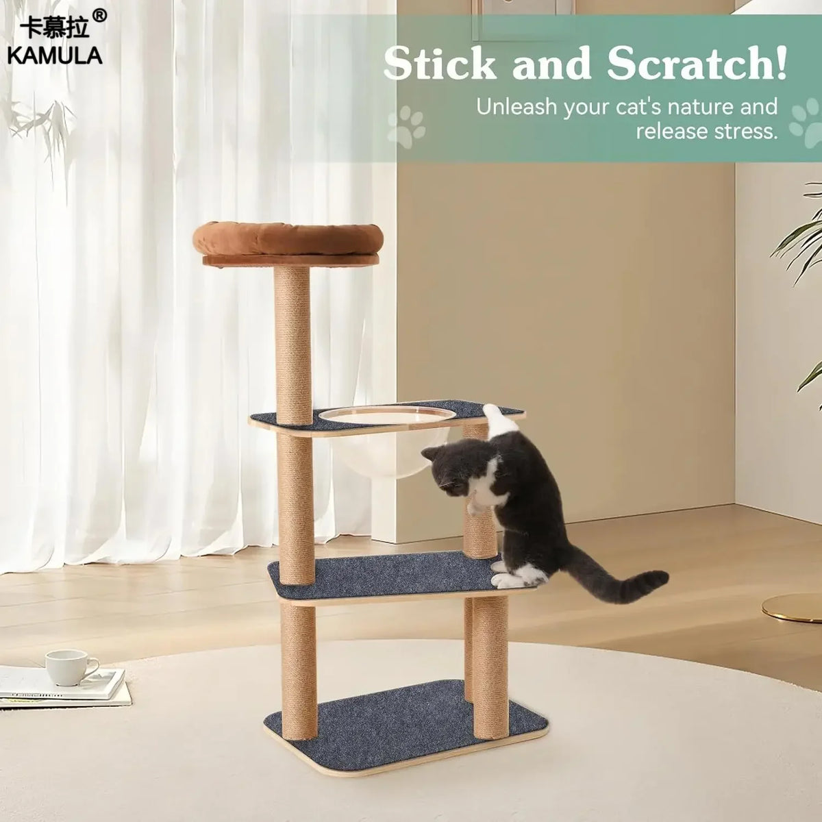 A wooden cat scratching post with blue mats is shown in a bright room for cats to scratch and relieve stress.