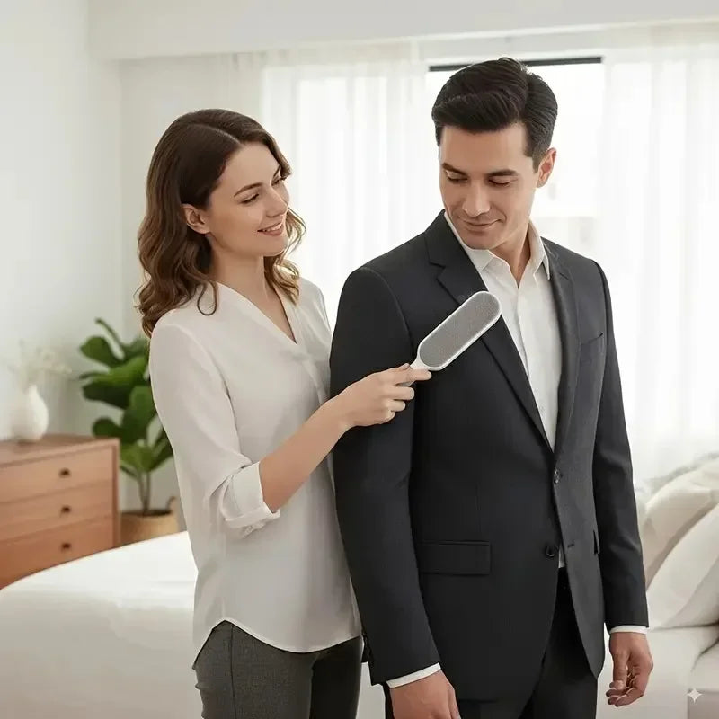 Una mujer está usando un quitapelusas y pelo reutilizable en la chaqueta de un hombre.