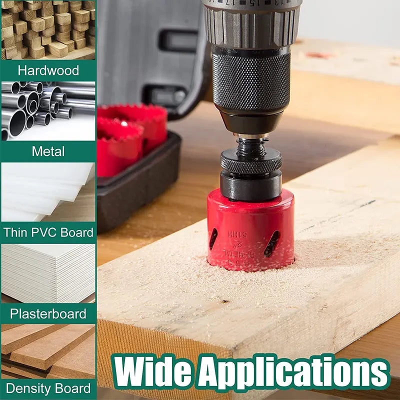 A close-up view of a bi-metal hole saw kit with various material samples including hardwood, metal, PVC board, and plasterboa