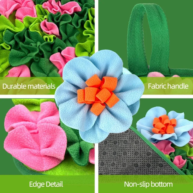Close-up view of a colorful fabric handle and edge detail on an interactive pet foraging mat for small animals