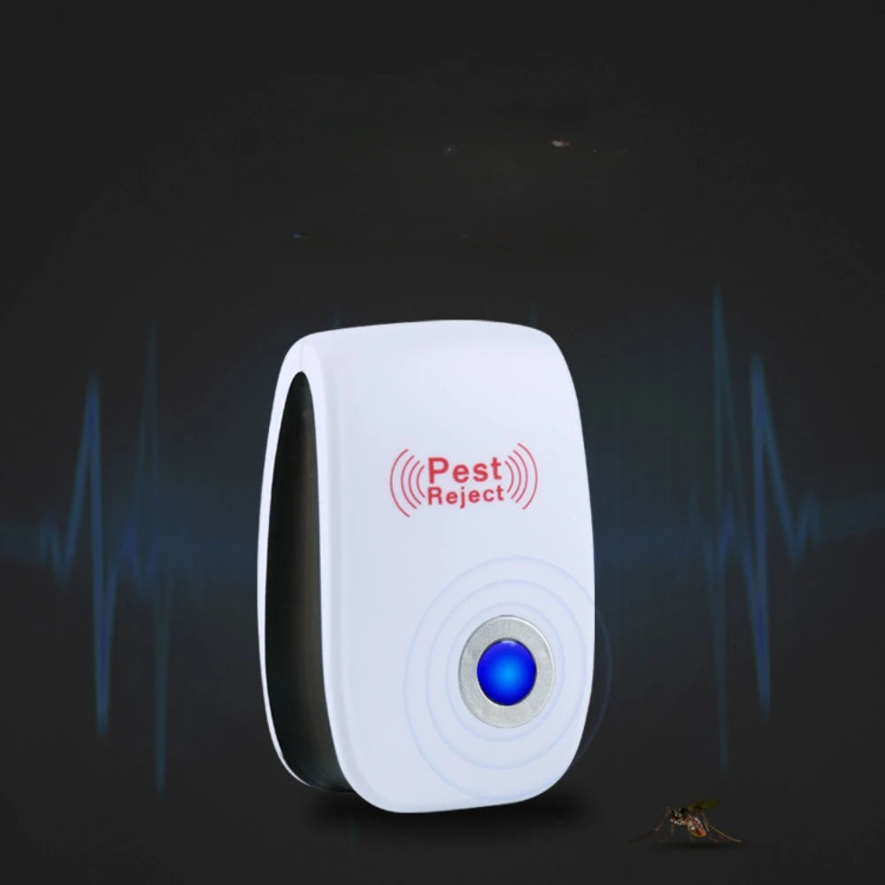 A white ultrasonic pest reject device with a blue light, set against a dark background.