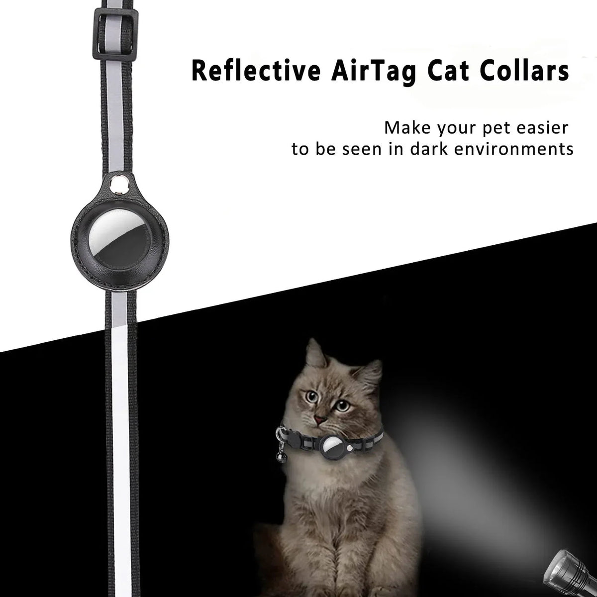 A reflective AirTag cat collar with a pendant and strap is shown next to a tabby cat.
