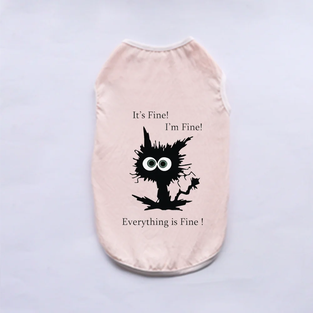 A light pink breathable summer pet vest featuring a black silhouette of a distressed cat with text that reads It's Fine I'm F