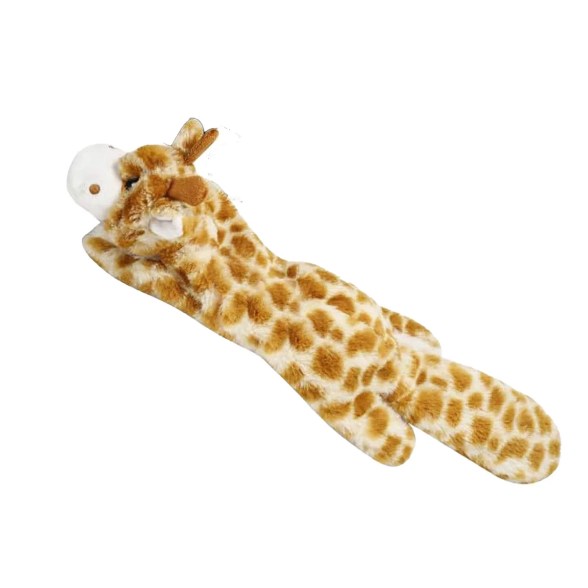 A stuffed toy resembling a giraffe with brown and orange spots and a white snout.