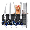 A set of five stainless steel grooming scissors for dogs and cats displayed next to a grooming comb.