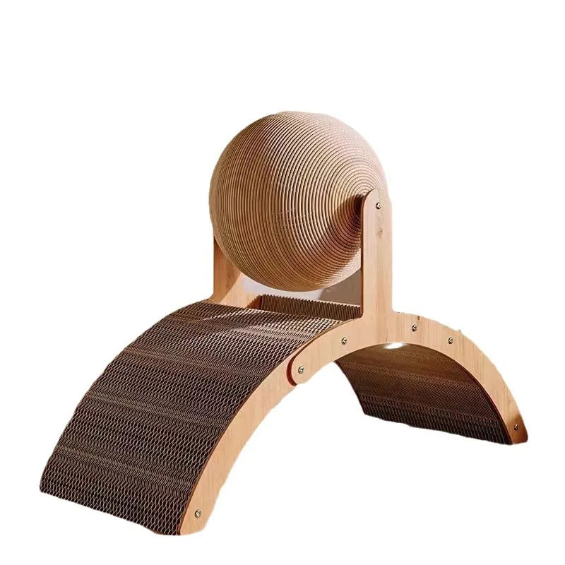 Wooden cat scratcher ball with a sisal-covered surface mounted on a wooden frame.