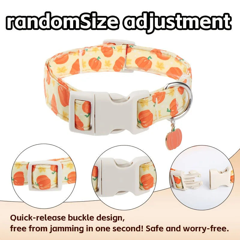Collar blanco para perro con estampado de Halloween naranja y amarillo, con hebilla de liberación rápida.