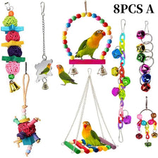 Eight pieces of natural wooden swing and chewing toys for parrots, including a hanging ring and various colored blocks.