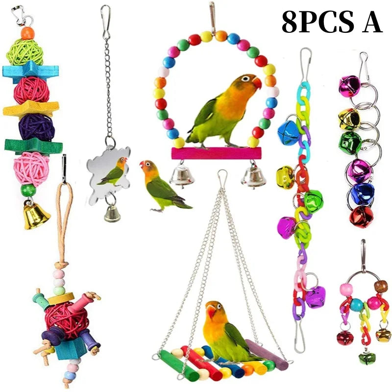 Eight pieces of natural wooden swing and chewing toys for parrots, including a hanging ring and various colored blocks.