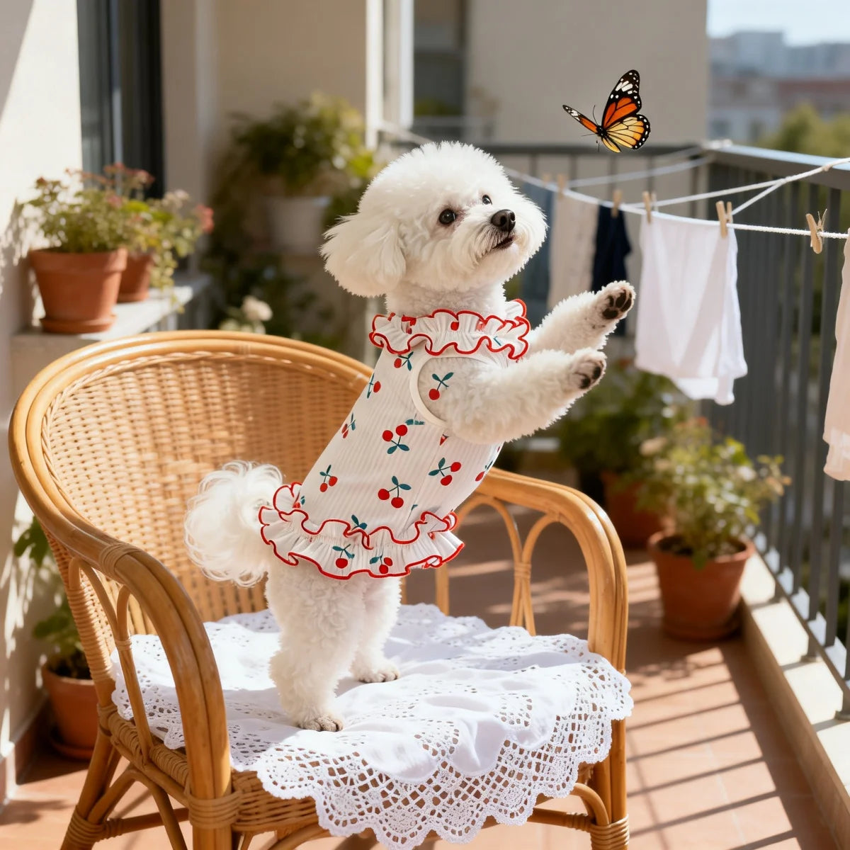 A fluffy white dog is wearing a red and white cherry ruffle pet dress while sitting in a wicker chair on a balcony.