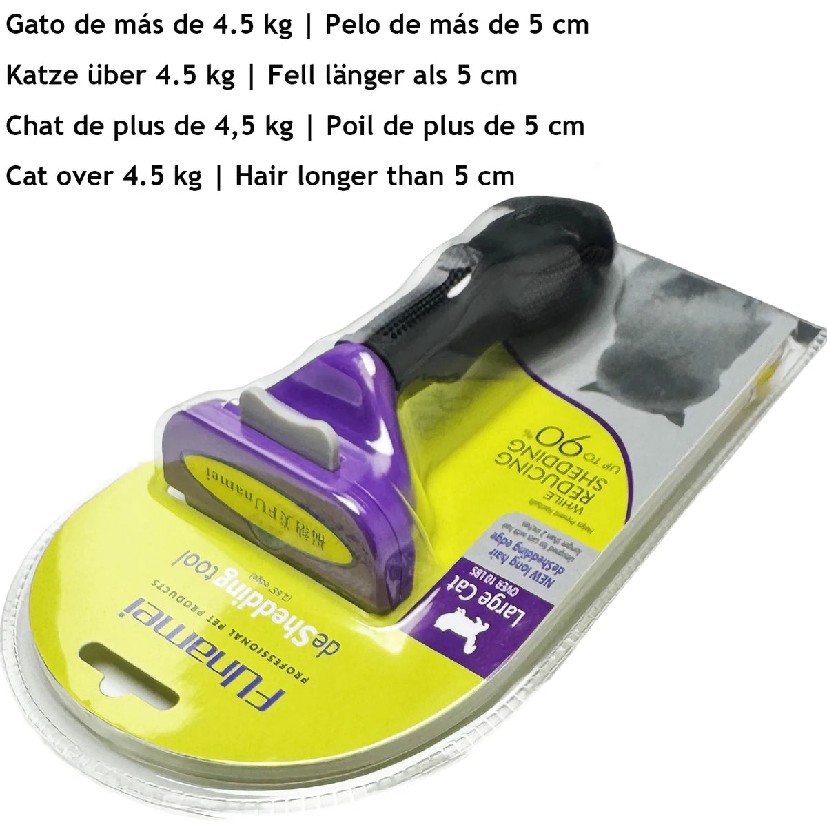 A yellow pet deshedding brush with a purple handle and black bristles is shown on a clear plastic background.