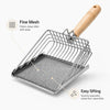 Stainless steel cat litter scoop with a wooden handle and fine mesh sifter for easy sifting of waste