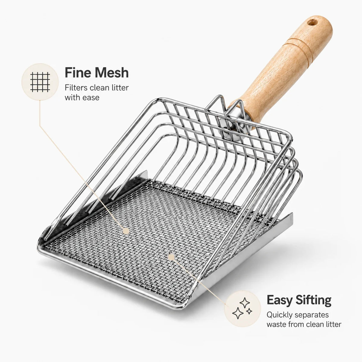 Stainless steel cat litter scoop with a wooden handle and fine mesh sifter for easy sifting of waste