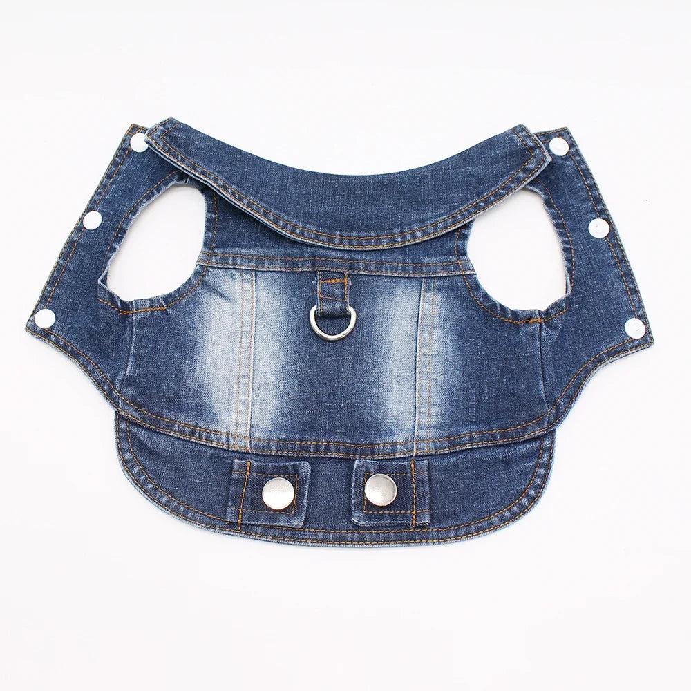 Classic blue denim dog jacket with a D-ring leash attachment.