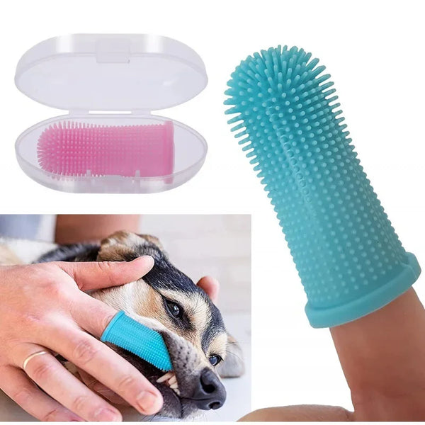 A silicone pet toothbrush set with a pink brush and a teal brush being held by a hand near a dog's mouth.